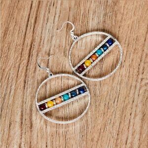Colorful Beaded Silver Hoop Earrings #1562